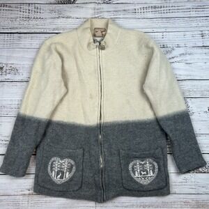 VTG Woolrich Full Zip Wool Sweater Women's M Off White Gray Embroidered Heart